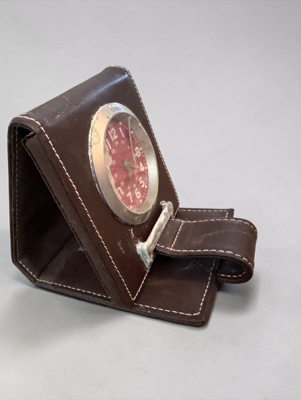 Vintage MS 508 Folding Travel Alarm Clock Red Dial Brown Case 24 Hour Quartz